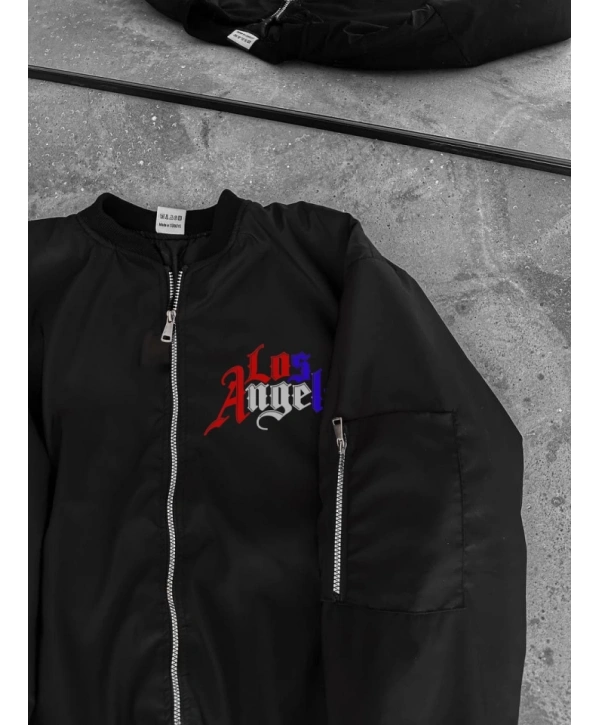 Tam Fermuarlı Uzun Kol Baskılı Bomber Ceket - Siyah