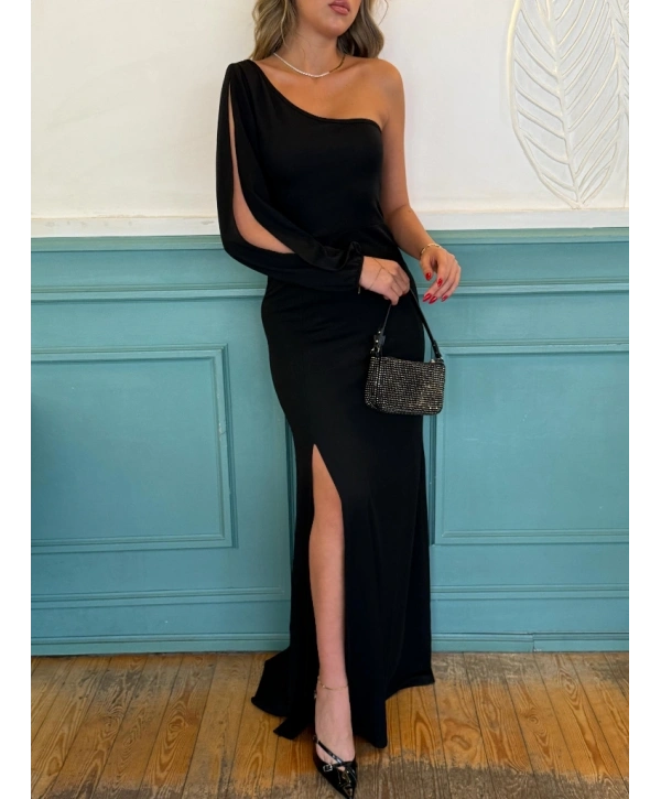 Tek Omuz Açık Derin Yırtmaçlı Krep Tam Boy Elbise