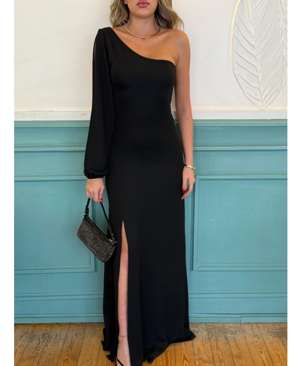Tek Omuz Açık Derin Yırtmaçlı Krep Tam Boy Elbise