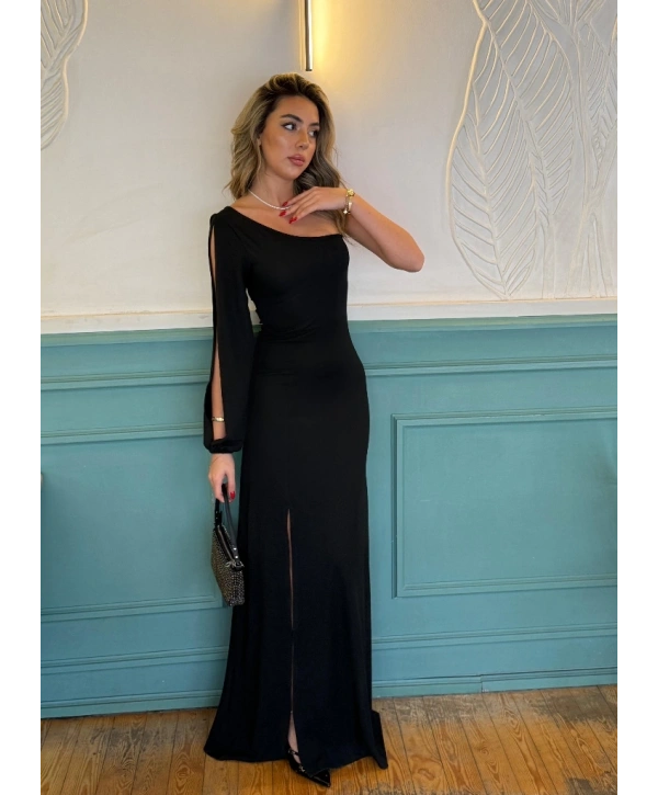 Tek Omuz Açık Derin Yırtmaçlı Krep Tam Boy Elbise