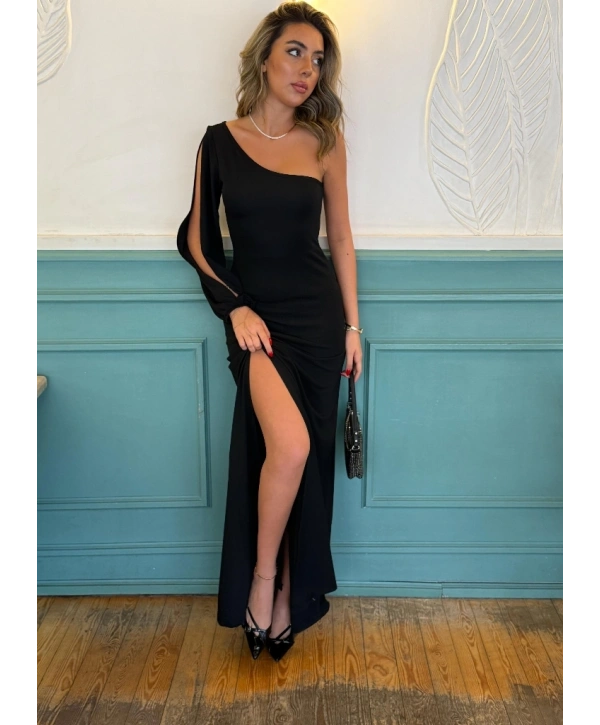 Tek Omuz Açık Derin Yırtmaçlı Krep Tam Boy Elbise