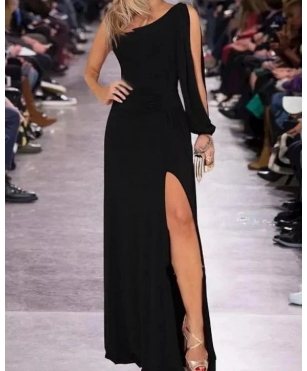 Tek Omuz Açık Derin Yırtmaçlı Krep Tam Boy Elbise