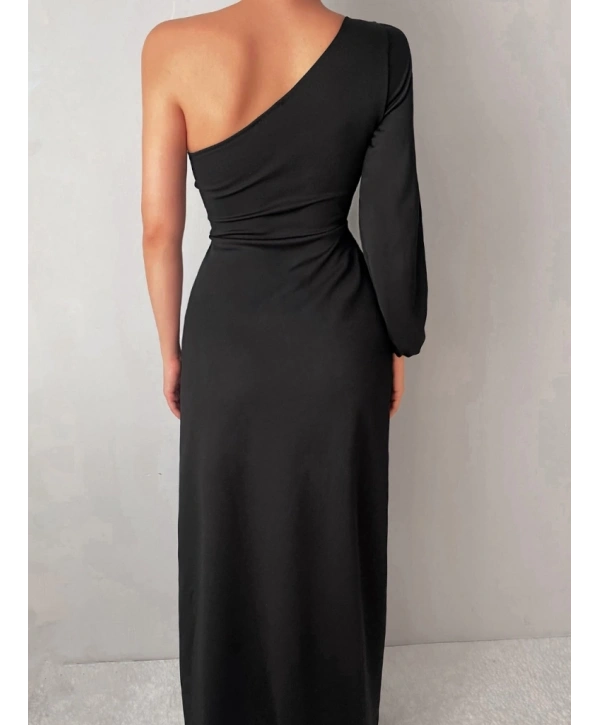 Tek Omuz Açık Derin Yırtmaçlı Krep Tam Boy Elbise