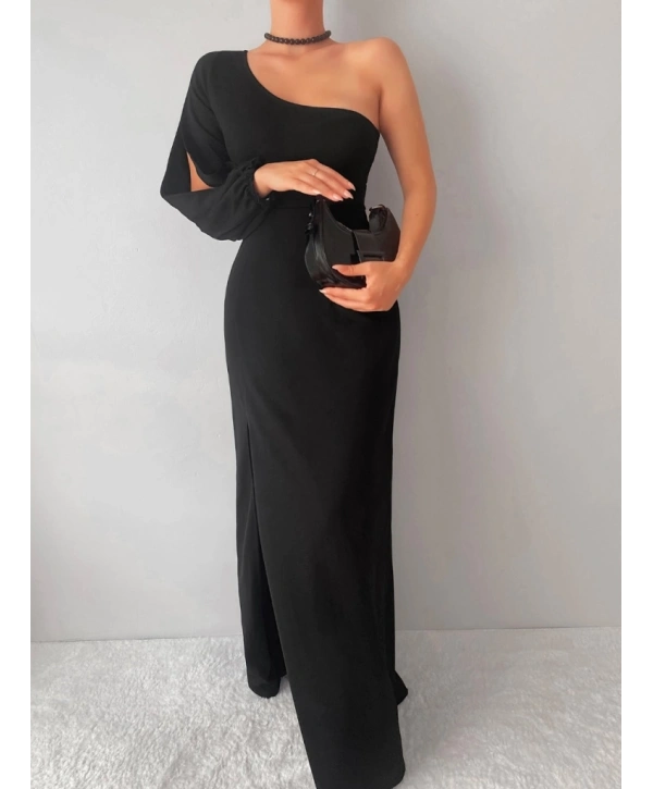 Tek Omuz Açık Derin Yırtmaçlı Krep Tam Boy Elbise