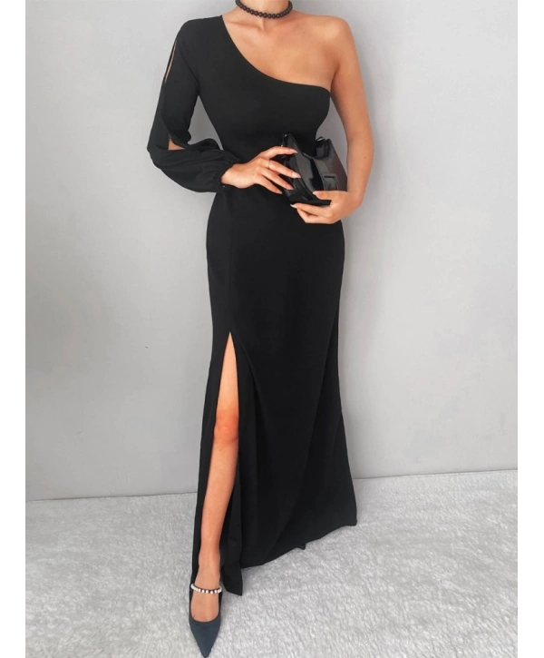 Tek Omuz Açık Derin Yırtmaçlı Krep Tam Boy Elbise
