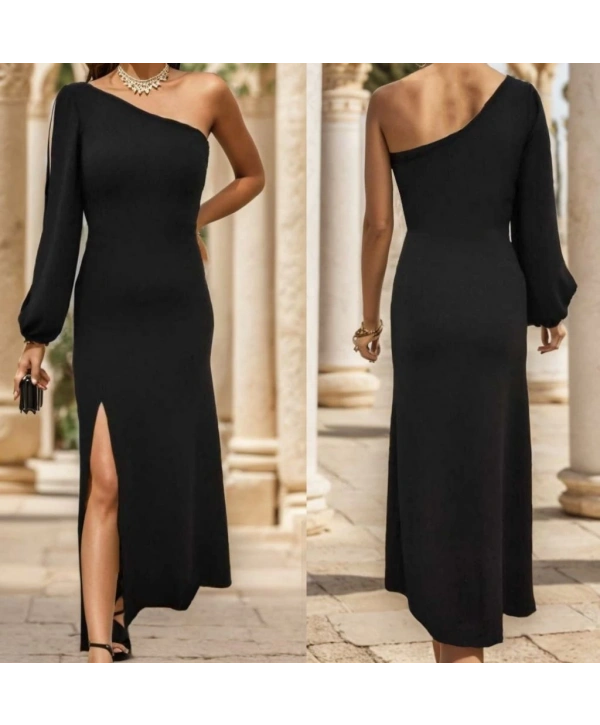 Tek Omuz Açık Derin Yırtmaçlı Krep Tam Boy Elbise