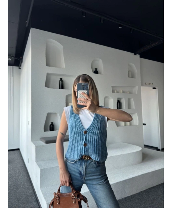 Triko Kolsuz Düğmeli Yelek - Mavi