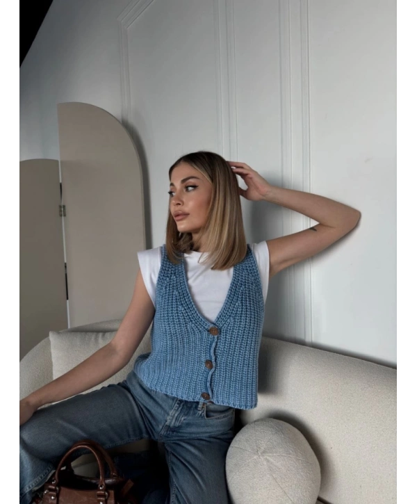 Triko Kolsuz Düğmeli Yelek - Mavi