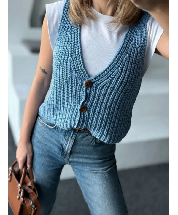 Triko Kolsuz Düğmeli Yelek - Mavi