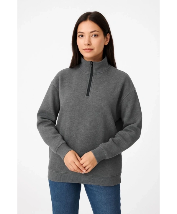 Üç İplik Dık Yaka Yarım Fermuarlı SweatShirt - Antrasit