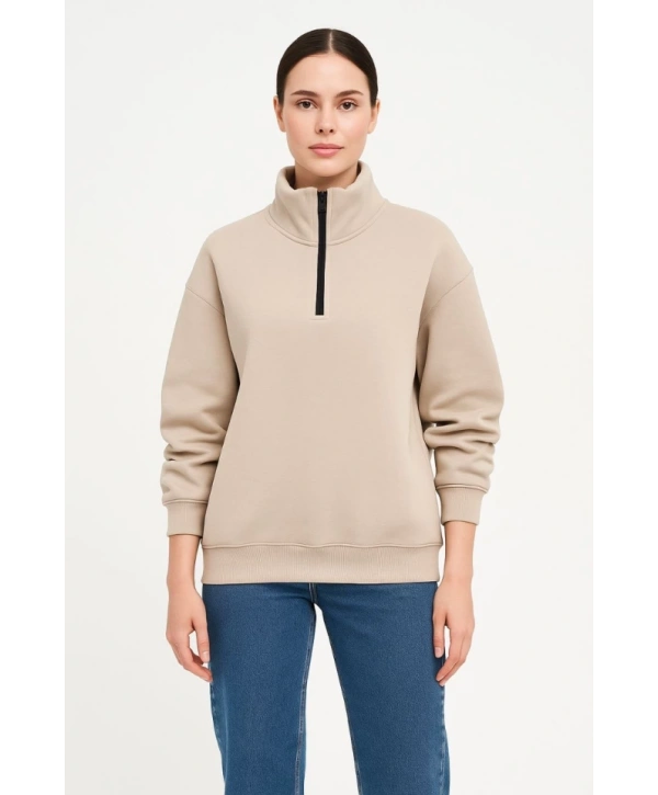 Üç İplik Dık Yaka Yarım Fermuarlı SweatShirt - Bej