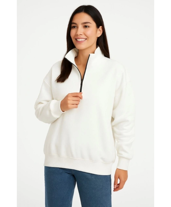 Üç İplik Dık Yaka Yarım Fermuarlı SweatShirt - Beyaz