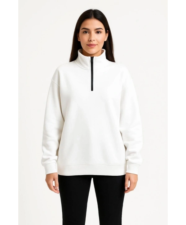 Üç İplik Dık Yaka Yarım Fermuarlı SweatShirt - Beyaz