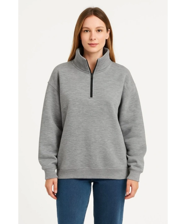 Üç İplik Dık Yaka Yarım Fermuarlı SweatShirt - Gri