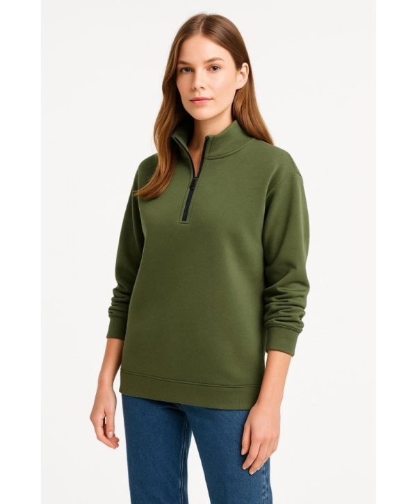 Üç İplik Dık Yaka Yarım Fermuarlı SweatShirt - Haki