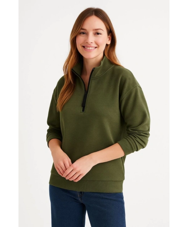 Üç İplik Dık Yaka Yarım Fermuarlı SweatShirt - Haki