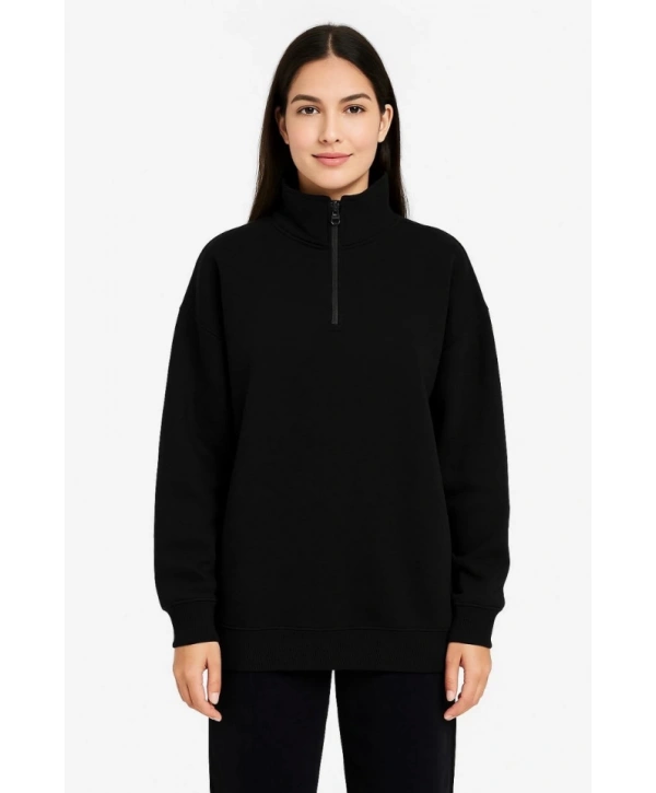 Üç İplik Dık Yaka Yarım Fermuarlı SweatShirt - Siyah