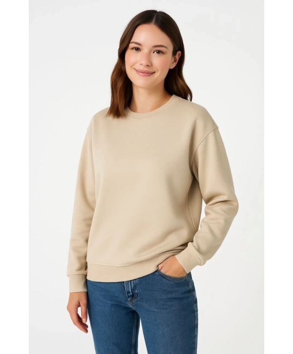 Üç İplik Düz Bisiklet Yaka SweatShirt - Bej