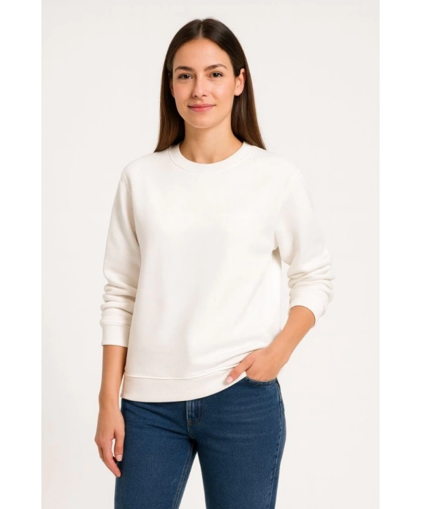 Üç İplik Düz Bisiklet Yaka SweatShirt - Beyaz