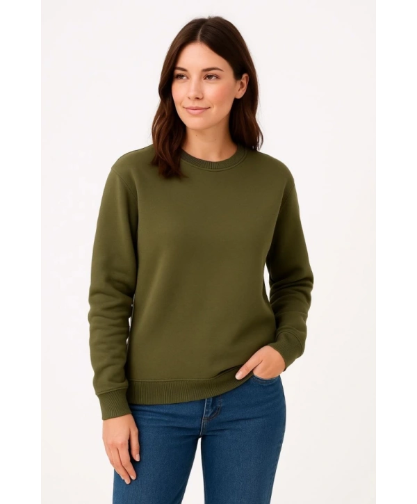 Üç İplik Düz Bisiklet Yaka SweatShirt - Haki