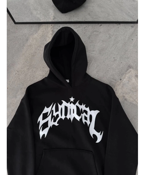 Üç İplik Kapşonlu Baskılı Oversize SweatShirt- Siyah