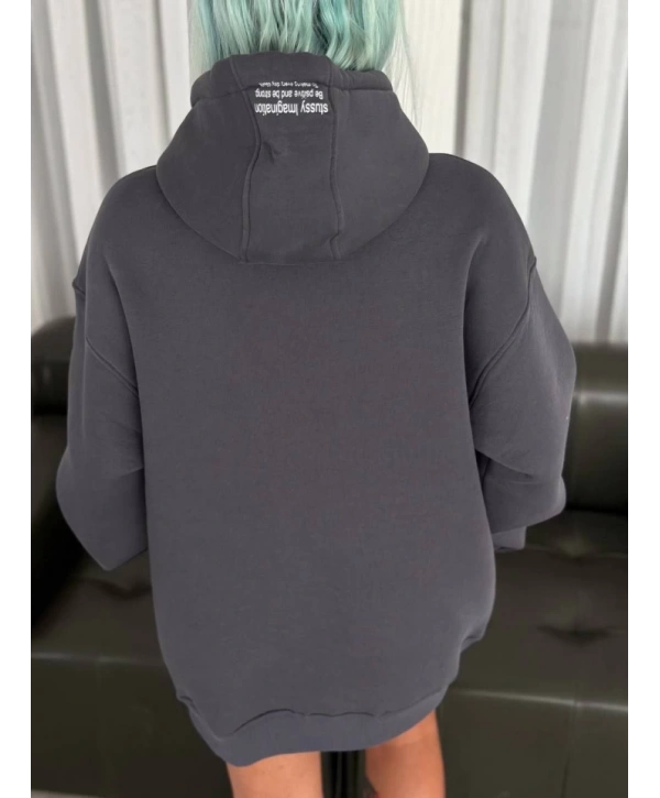 Üç İplik Kapşonlu Baskılı SweatShirt - Füme