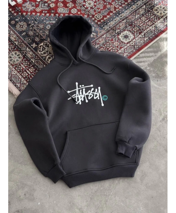 Üç İplik Kapşonlu Baskılı SweatShirt - Füme