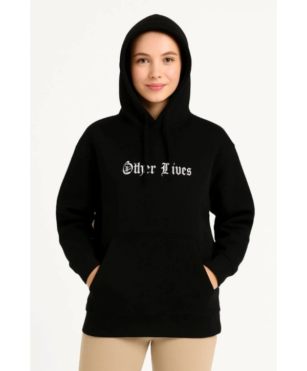 Üç İplik Kapşonlu ön Ve Arka Baskılı SweatShirt Hoodie- Siyah