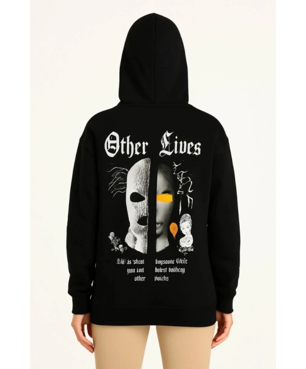 Üç İplik Kapşonlu ön Ve Arka Baskılı SweatShirt Hoodie- Siyah