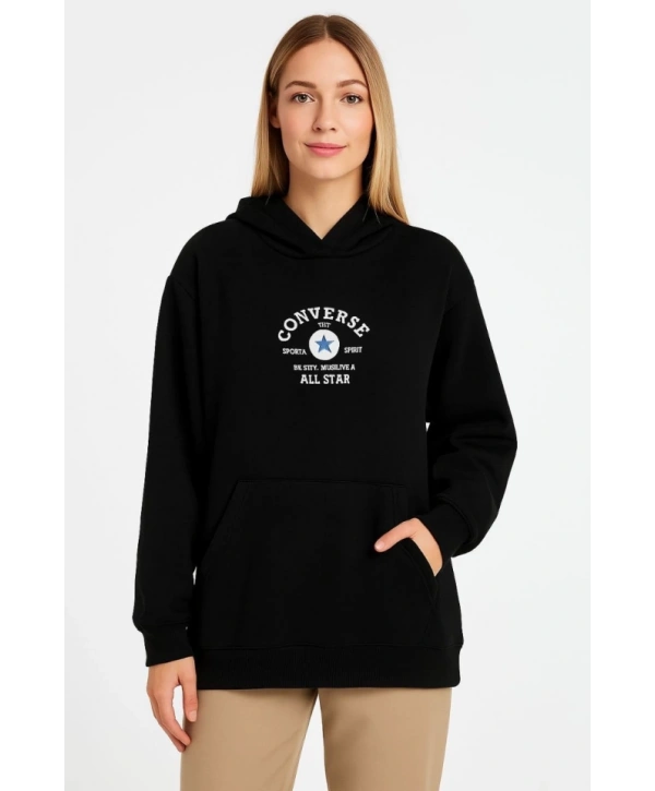 Üç İplik Kapşonlu ön Ve Arka Baskılı SweatShirt Hoodie- Siyah