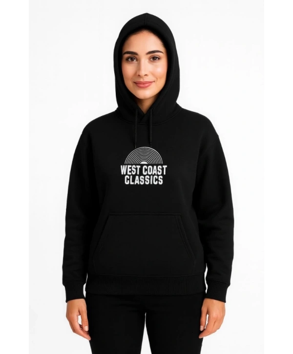Üç İplik Kapüşonlu Ön Ve Arka Baskılı SweatShirt Hoodie - Siyah