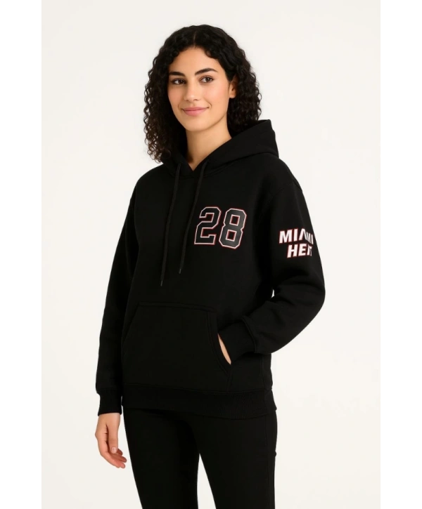 Üç İplik Kapüşonlu Ön Ve Arka Baskılı SweatShirt Hoodie - Siyah