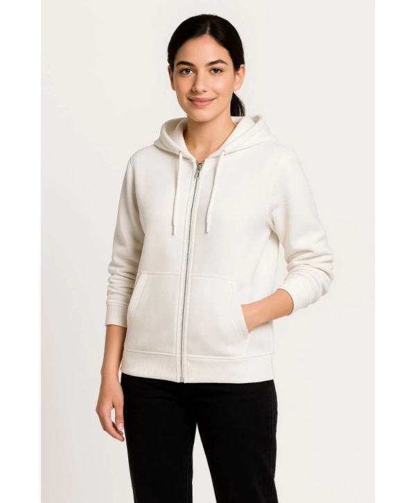 Üç İplik Kapüşonlu Tam Fermuarlı Kanguru Çepli SweatShirt Hoodie - Beyaz