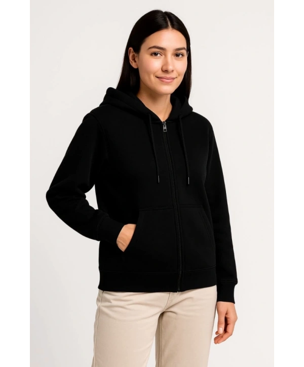 Üç İplik Kapüşonlu Tam Fermuarlı Kanguru Çepli SweatShirt Hoodie - Siyah