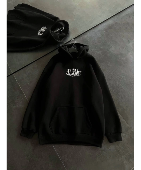 Üç İplik Penye Uzun Kol Kapşonlu Baskılı SweatShirt - Siyah