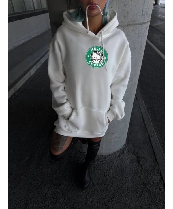 Üç İplik Penye Uzun Kol Kapşonlu SweatShirt - Beyaz