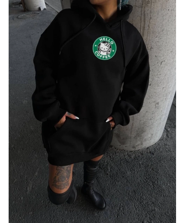 Üç İplik Penye Uzun Kol Kapşonlu SweatShirt - Siyah