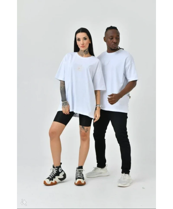 Unisex Basic Bisiklet Yaka Oversize T-Shirt - Beyaz