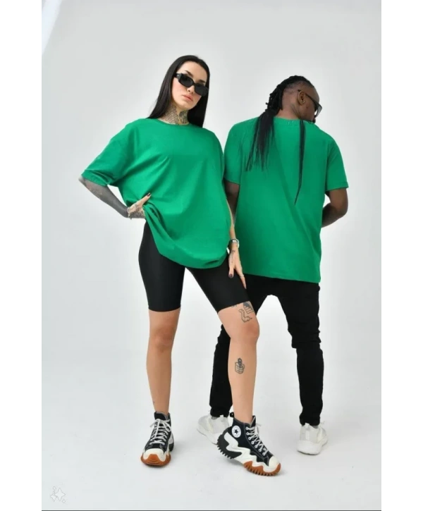 Unisex Basic Bisiklet Yaka Oversize T-Shirt - Yeşil