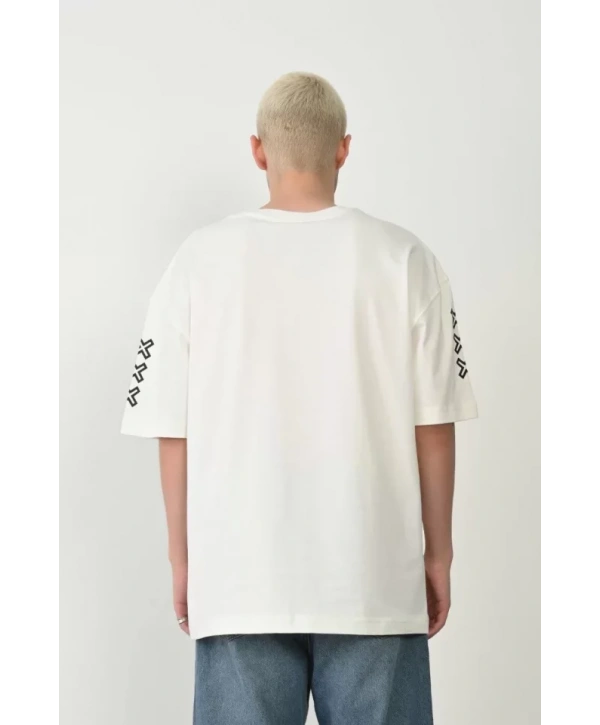 Unisex Baskılı Bisiklet Yaka Oversize T-Shirt - Beyaz