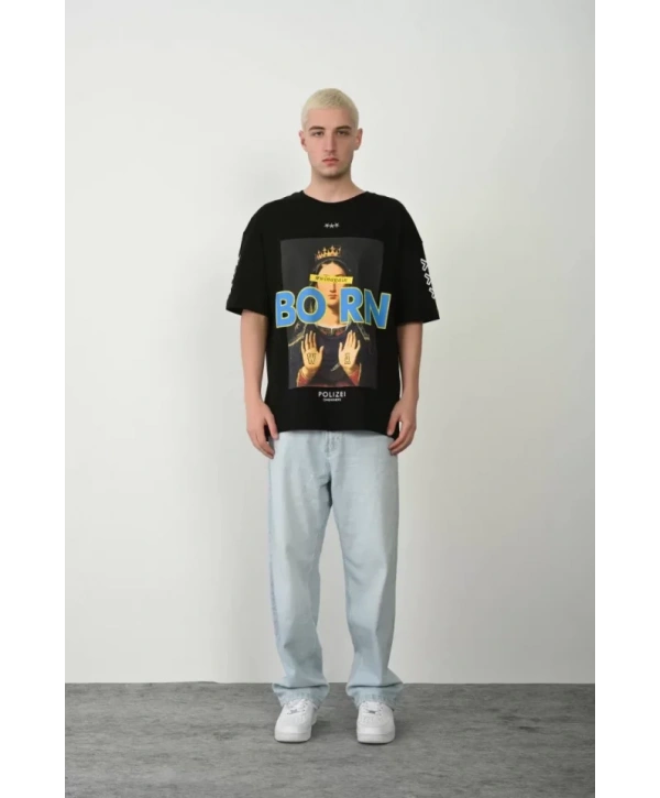 Unisex Baskılı Bisiklet Yaka Oversize T-Shirt - Siyah