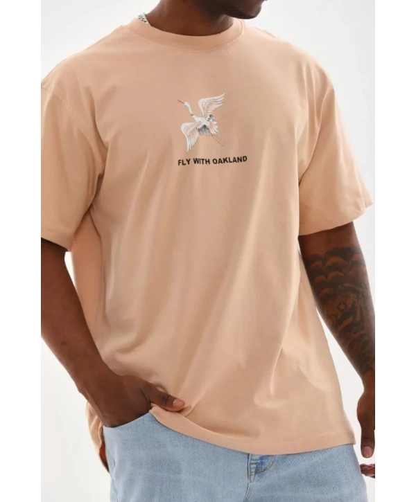 Unisex Baskılı Oversize T-Shirt - Bej