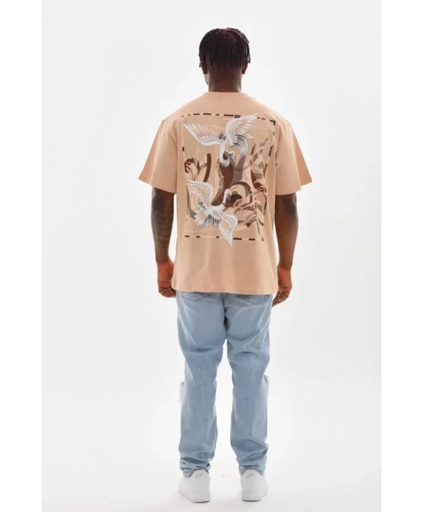 Unisex Baskılı Oversize T-Shirt - Bej