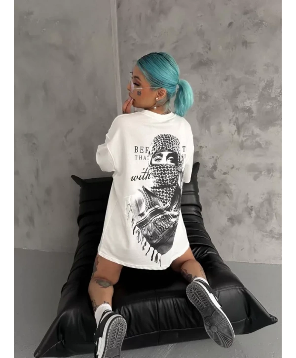 Unisex Baskılı Oversize T-Shirt - Beyaz