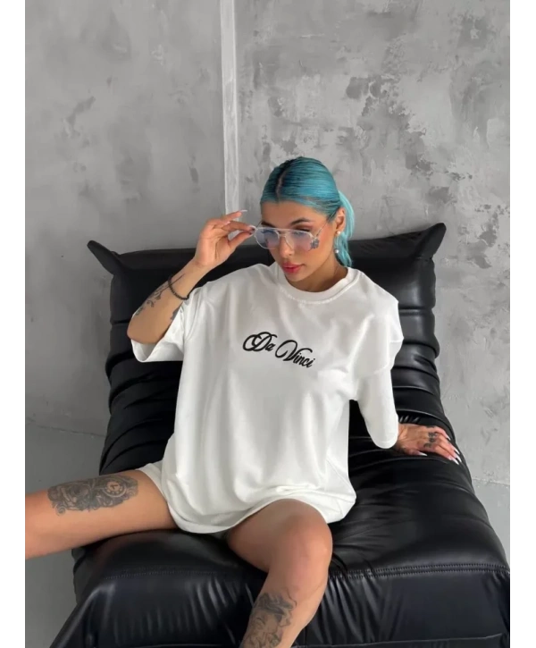 Unisex Baskılı Oversize T-Shirt - Beyaz