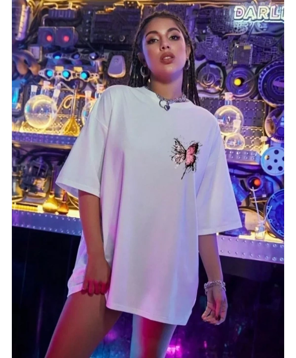 Unisex Baskılı Oversize T-Shirt - Beyaz