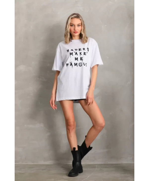 Unisex Baskılı Oversize T-Shirt - Beyaz