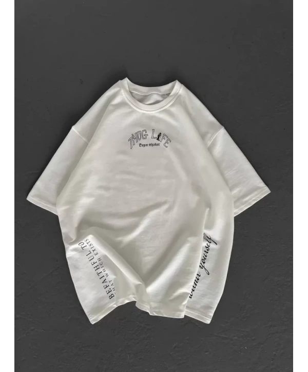 Unisex Baskılı Oversize T-Shirt - Beyaz