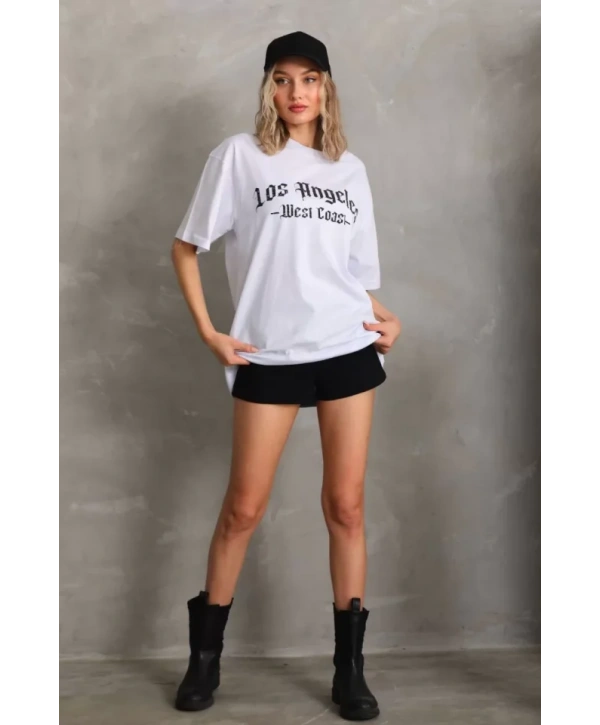 Unisex Baskılı Oversize T-Shirt - Beyaz