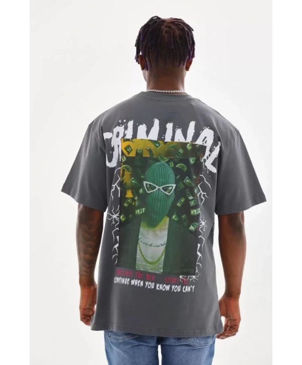 Unisex Baskılı Oversize T-Shirt - Füme